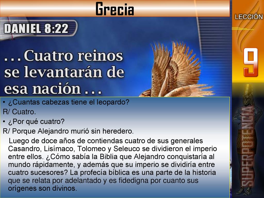Grecia ¿Cuantas cabezas tiene el leopardo R/ Cuatro. ¿Por qué cuatro