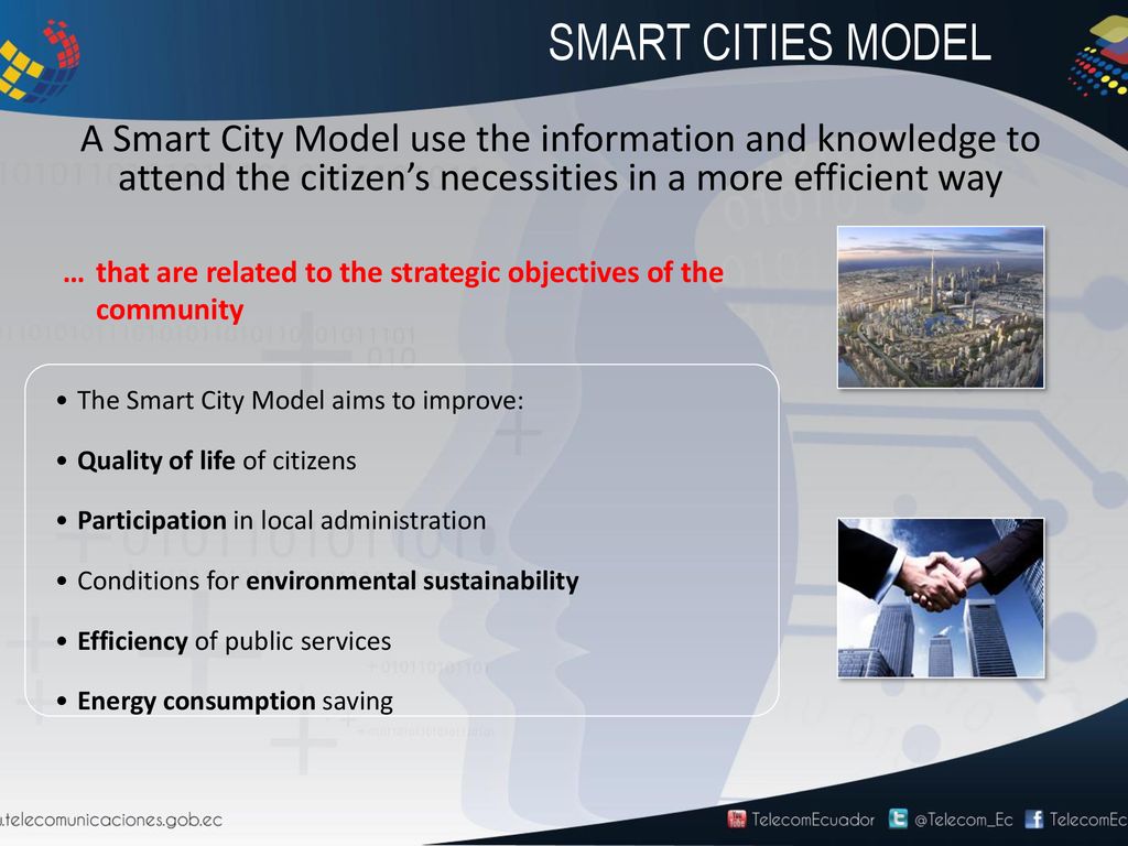 SMART CITIES MODEL A Smart City Model use the information and knowledge to attend the citizen’s necessities in a more efficient way.