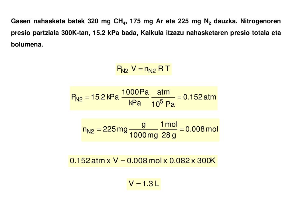 Gasen nahasketa batek 320 mg CH4, 175 mg Ar eta 225 mg N2 dauzka