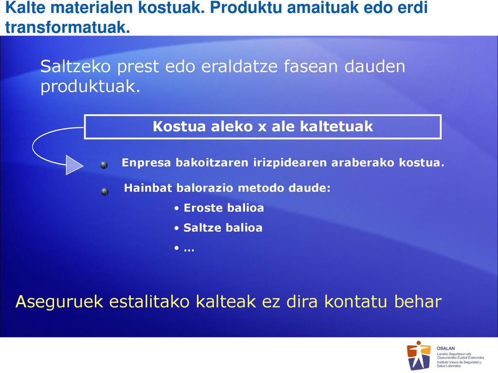 Kalte materialen kostuak. Produktu amaituak edo erdi transformatuak.