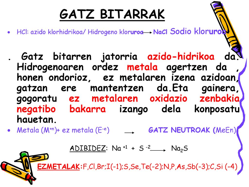 GATZ BITARRAK HCl: azido klorhidrikoa/ Hidrogeno kloruroa NaCl Sodio kloruroa.