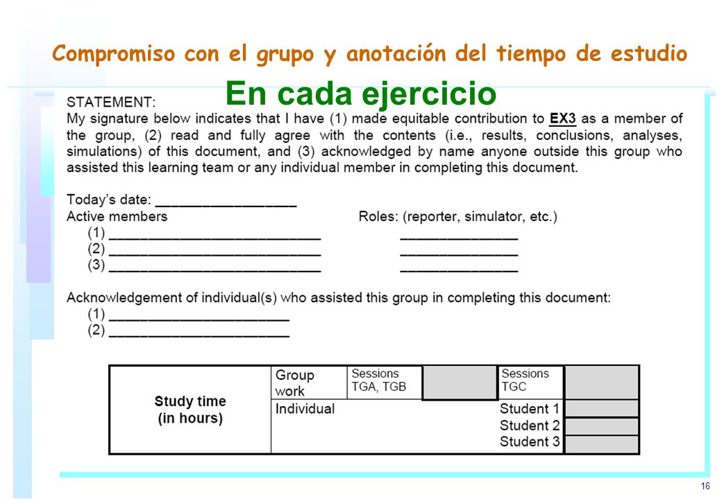 Compromiso con el grupo y anotación del tiempo de estudio