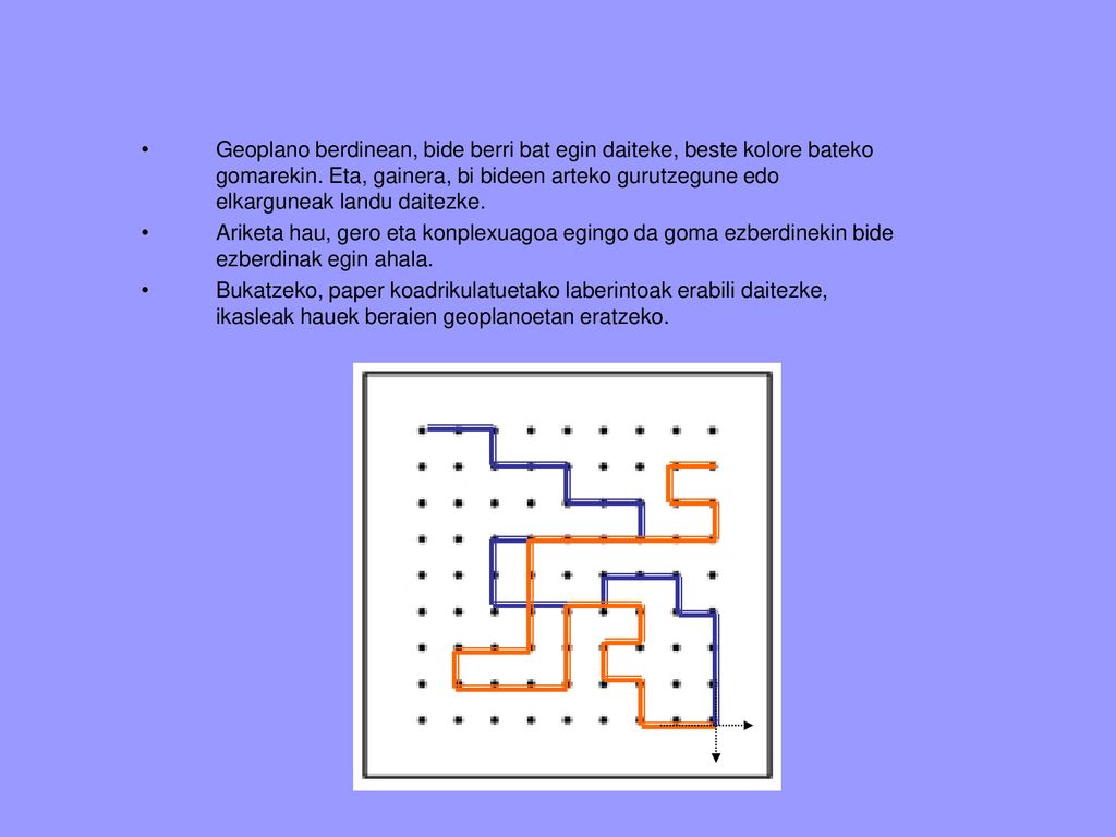 Geoplano berdinean, bide berri bat egin daiteke, beste kolore bateko gomarekin. Eta, gainera, bi bideen arteko gurutzegune edo elkarguneak landu daitezke.