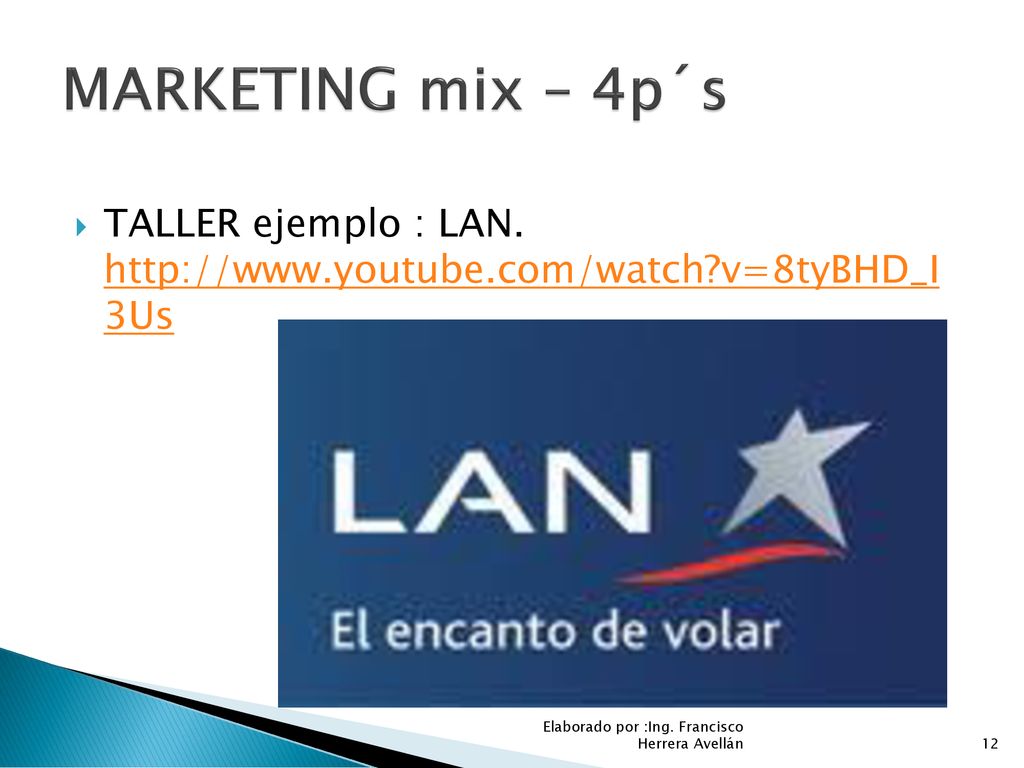 MARKETING mix – 4p´s TALLER ejemplo : LAN.   v=8tyBHD_I 3Us.