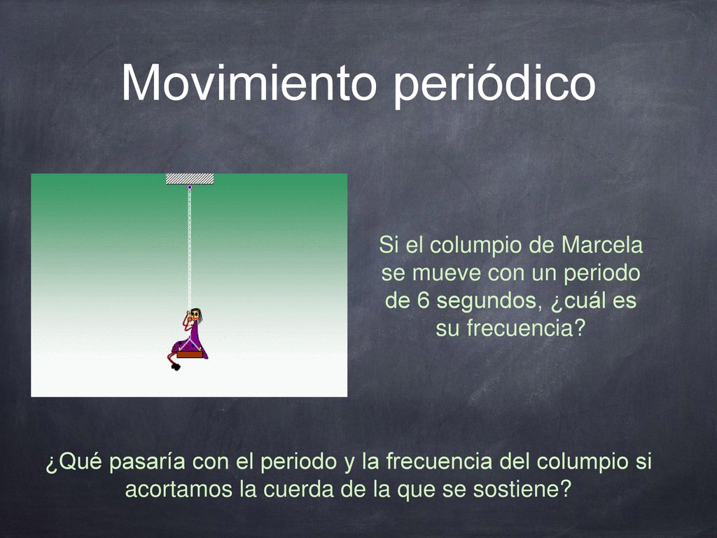 Movimiento periódico Si el columpio de Marcela se mueve con un periodo de 6 segundos, ¿cuál es su frecuencia