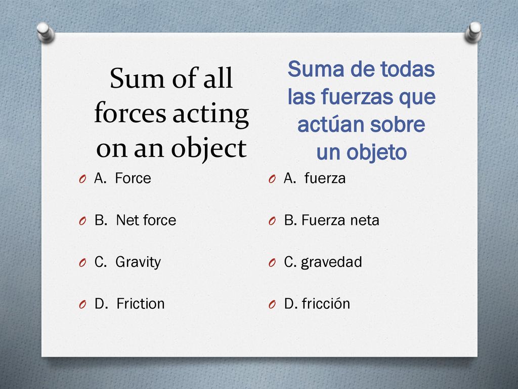 Suma de todas las fuerzas que actúan sobre un objeto