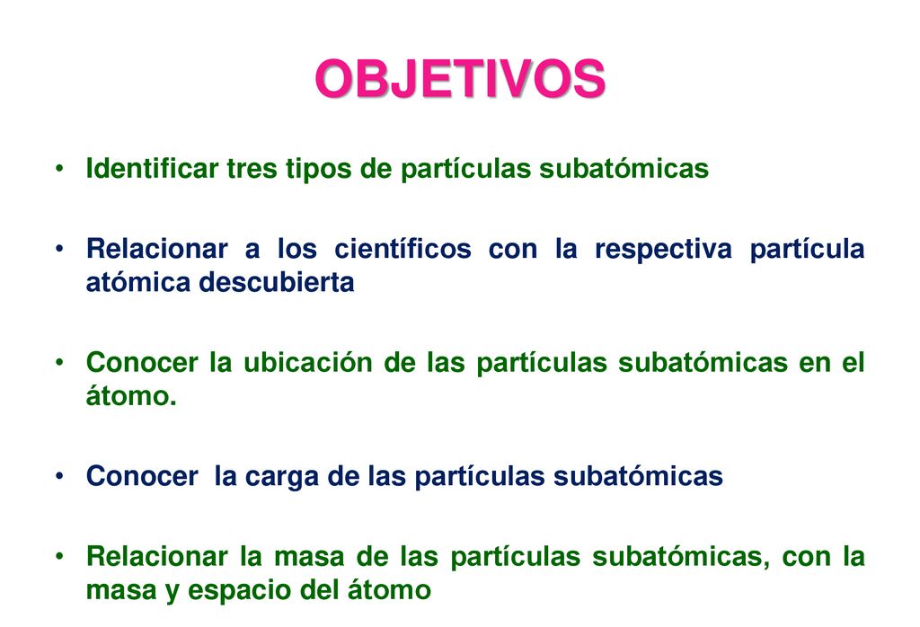 OBJETIVOS Identificar tres tipos de partículas subatómicas