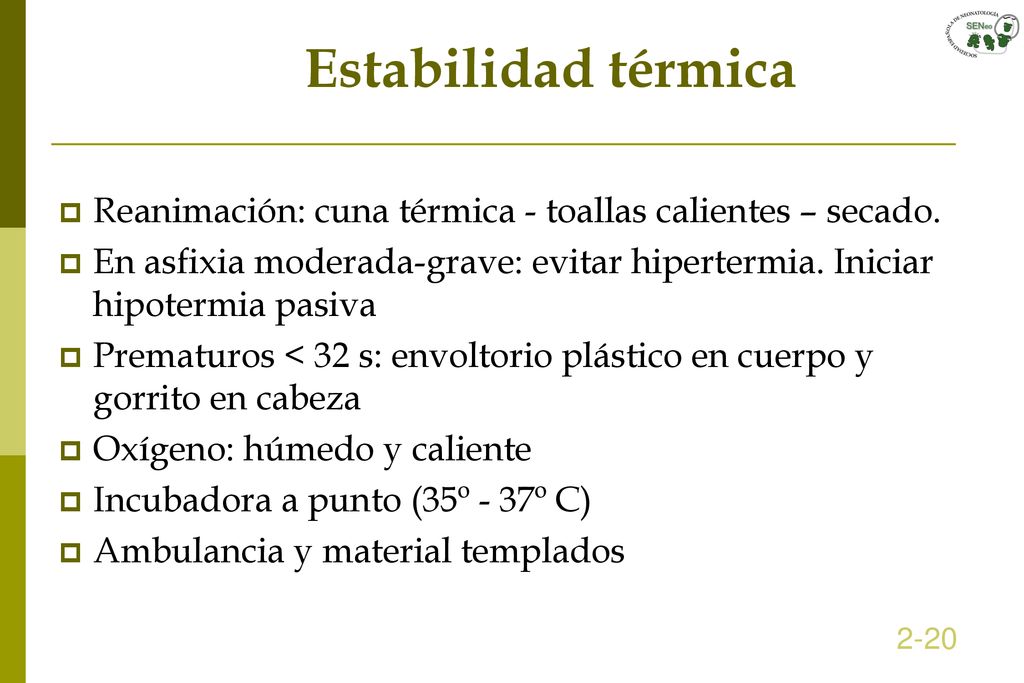 Estabilidad térmica Reanimación: cuna térmica - toallas calientes – secado. En asfixia moderada-grave: evitar hipertermia. Iniciar hipotermia pasiva.