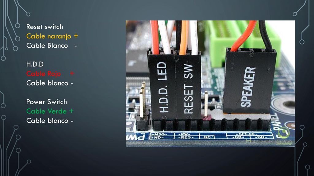 Reset switch Cable naranjo + Cable Blanco - H.D.D. Cable Rojo + Cable blanco - Power Switch.