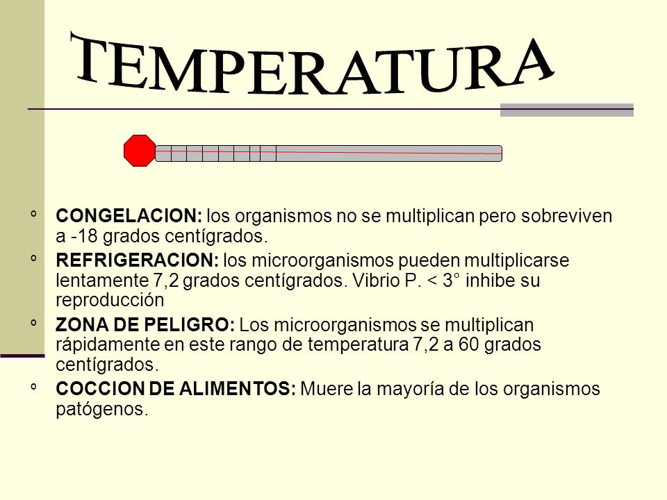TEMPERATURA CONGELACION: los organismos no se multiplican pero sobreviven a -18 grados centígrados.