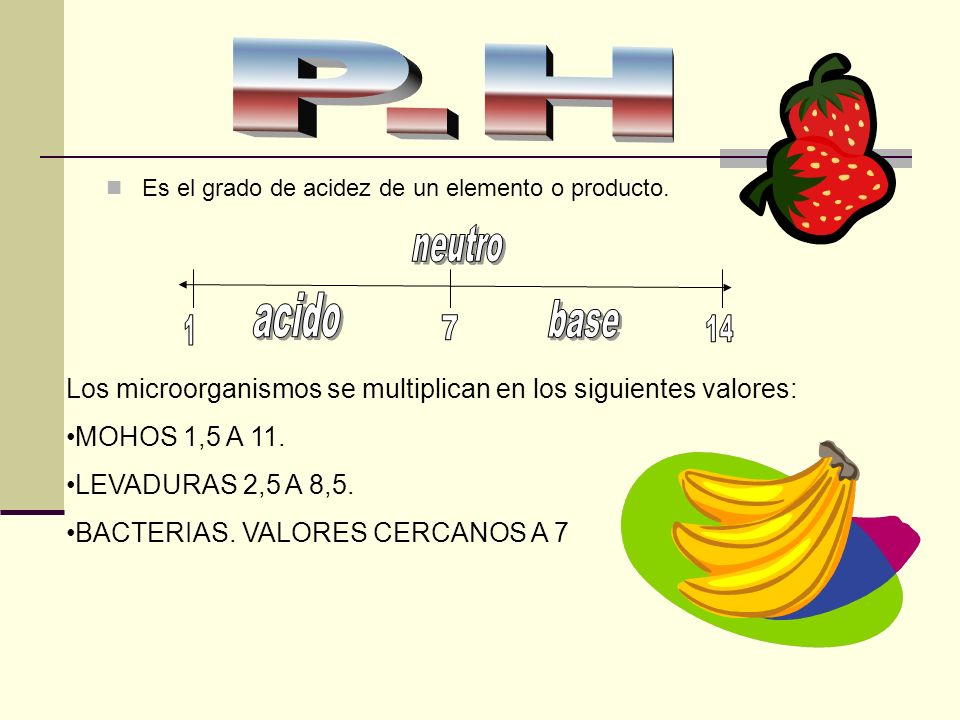 P.H base Los microorganismos se multiplican en los siguientes valores: