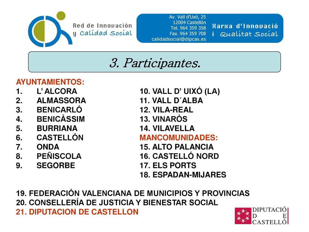 3. Participantes. AYUNTAMIENTOS: L’ ALCORA 10. VALL D’ UIXÓ (LA)