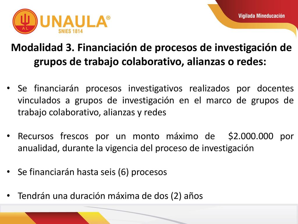 Modalidad 3. Financiación de procesos de investigación de grupos de trabajo colaborativo, alianzas o redes: