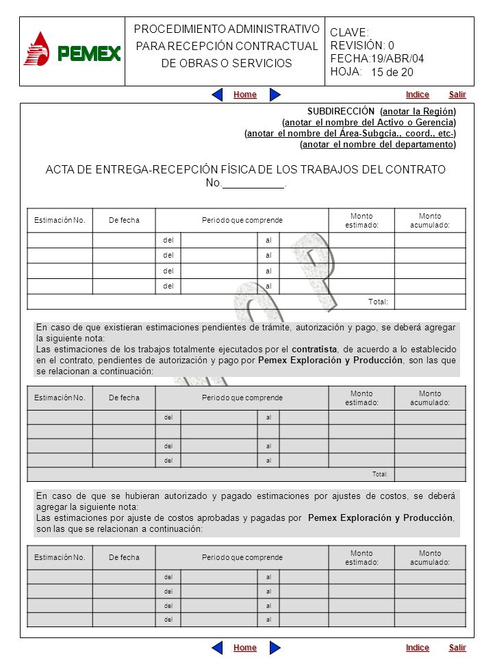 15 de 20 SUBDIRECCIÓN (anotar la Región) (anotar el nombre del Activo o Gerencia) (anotar el nombre del Área-Subgcia., coord., etc-)