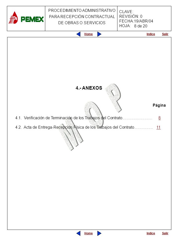 8 de ANEXOS. Página Verificación de Terminación de los Trabajos del Contrato