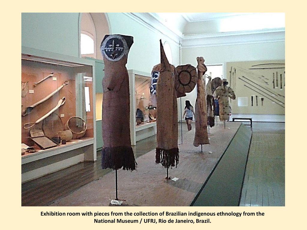 Exhibition room with pieces from the collection of Brazilian indigenous ethnology from the National Museum / UFRJ, Rio de Janeiro, Brazil.