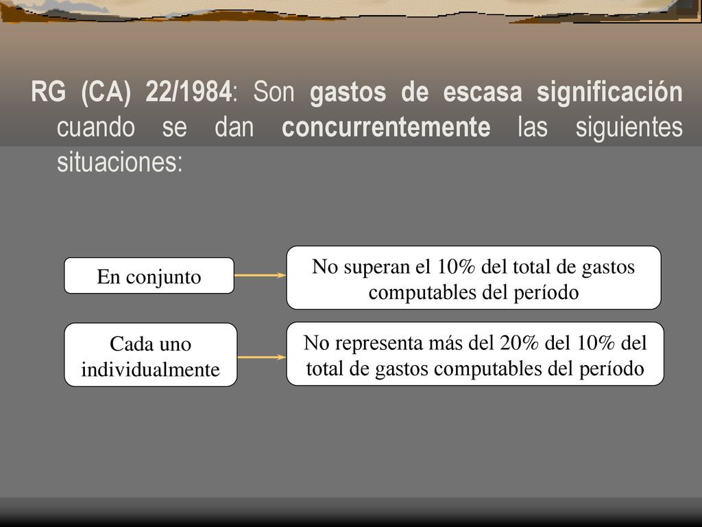 RG (CA) 22/1984: Son gastos de escasa significación cuando se dan concurrentemente las siguientes situaciones: