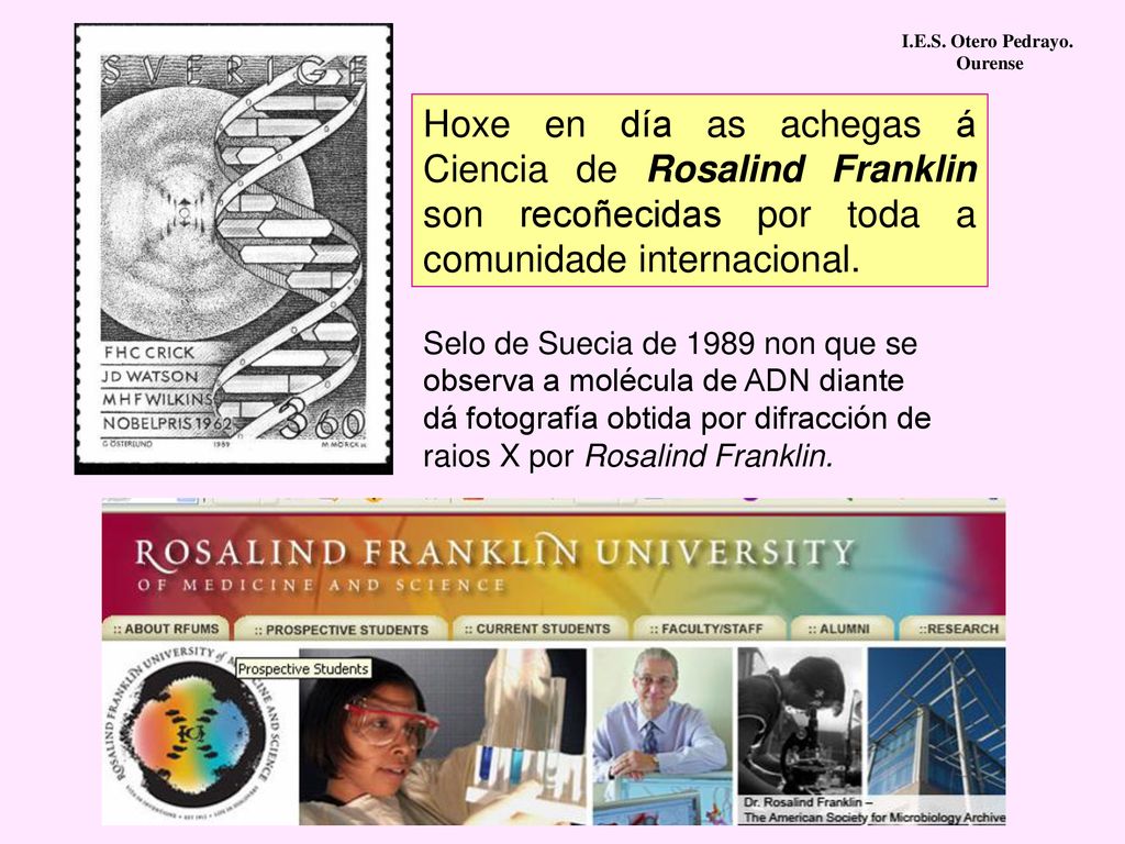 Selo de Suecia de 1989 non que se observa a molécula de ADN diante dá fotografía obtida por difracción de raios X por Rosalind Franklin.