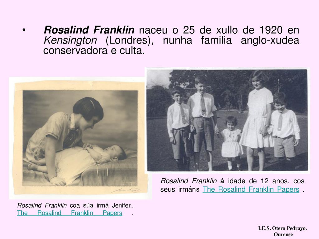 Rosalind Franklin naceu o 25 de xullo de 1920 en Kensington (Londres), nunha familia anglo-xudea conservadora e culta.