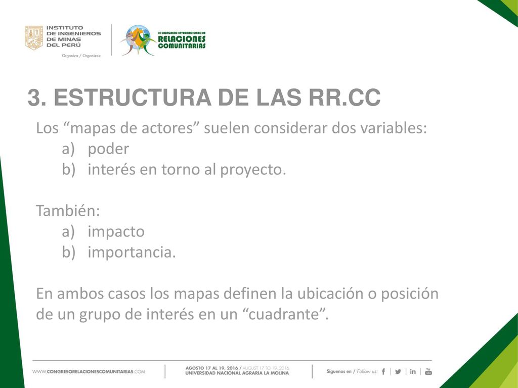 3. ESTRUCTURA DE LAS RR.CC Los mapas de actores suelen considerar dos variables: poder. interés en torno al proyecto.