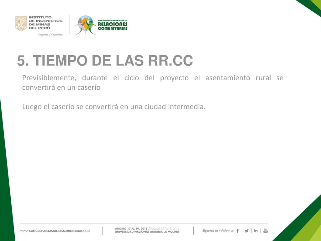 5. TIEMPO DE LAS RR.CC Previsiblemente, durante el ciclo del proyecto el asentamiento rural se convertirá en un caserío.