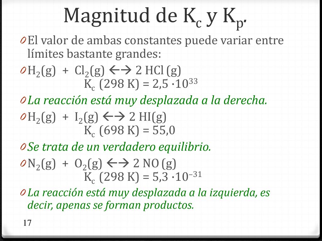 Magnitud de Kc y Kp. El valor de ambas constantes puede variar entre límites bastante grandes: