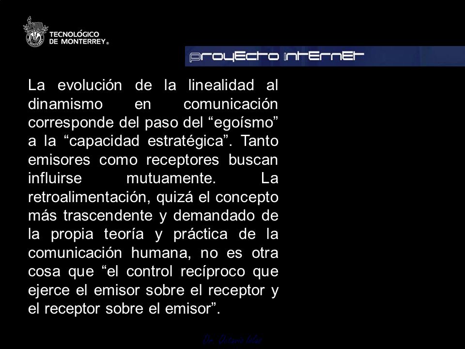 La evolución de la linealidad al dinamismo en comunicación corresponde del paso del egoísmo a la capacidad estratégica .