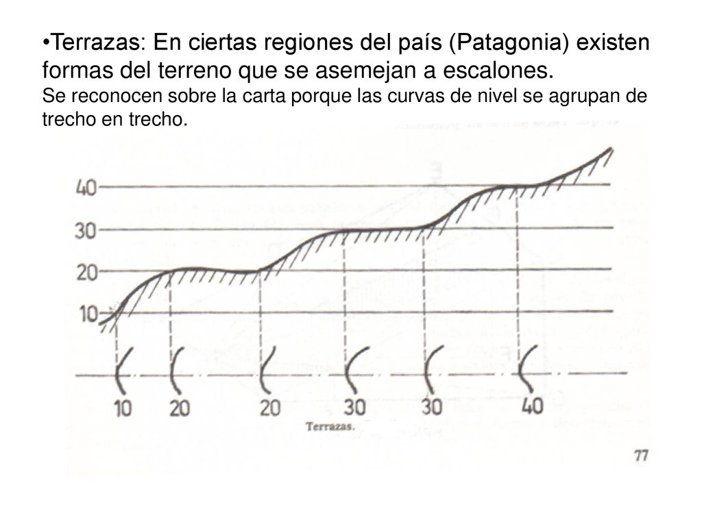 Terrazas: En ciertas regiones del país (Patagonia) existen formas del terreno que se asemejan a escalones.