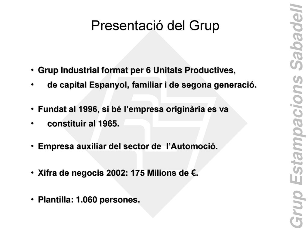 Presentació del Grup Grup Industrial format per 6 Unitats Productives,