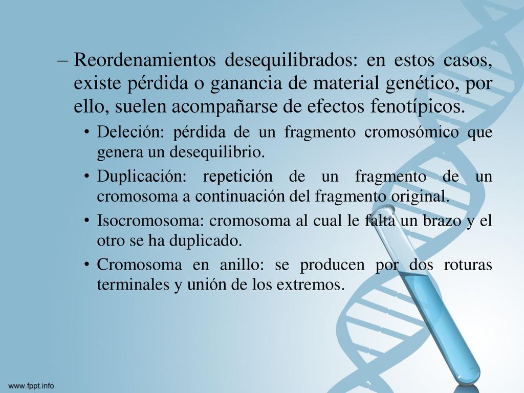 Reordenamientos desequilibrados: en estos casos, existe pérdida o ganancia de material genético, por ello, suelen acompañarse de efectos fenotípicos.
