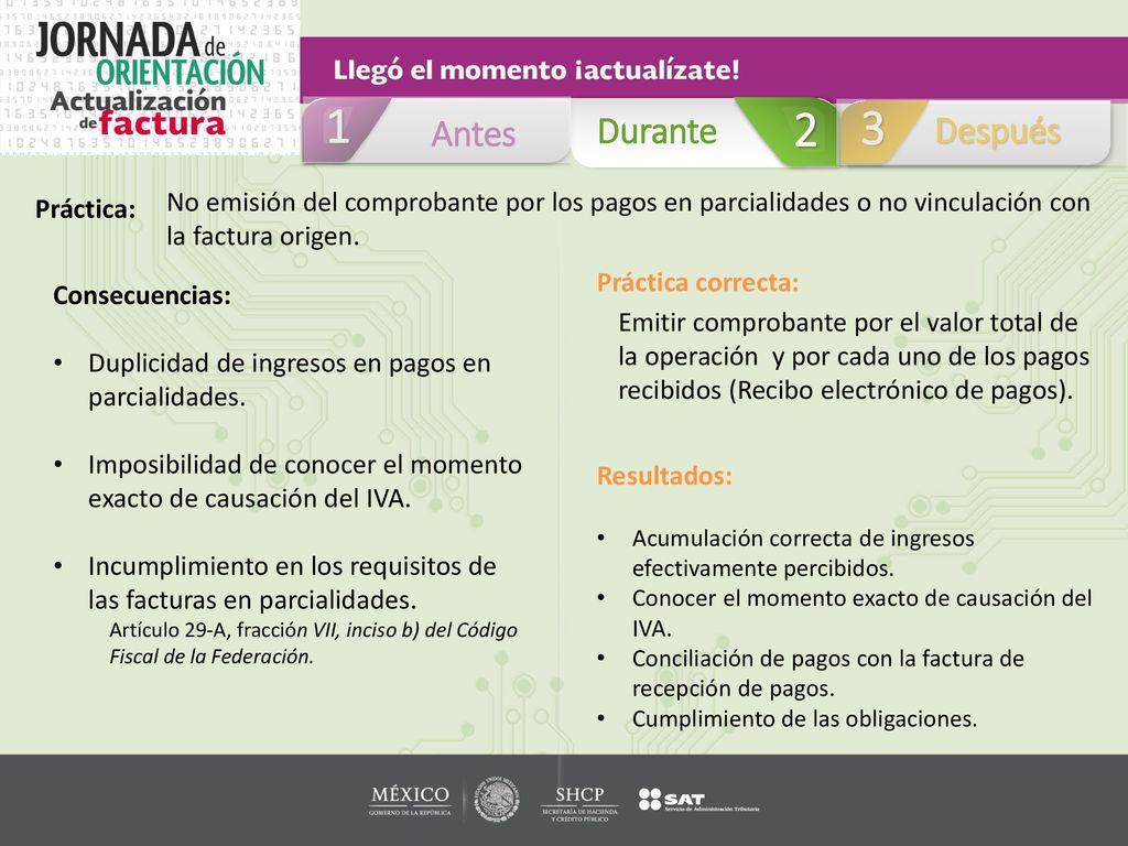 Antes. Durante. Después. Práctica: No emisión del comprobante por los pagos en parcialidades o no vinculación con la factura origen.