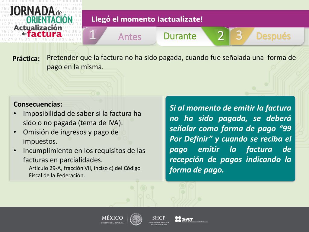 Antes. Durante. Después. Práctica: Pretender que la factura no ha sido pagada, cuando fue señalada una forma de pago en la misma.