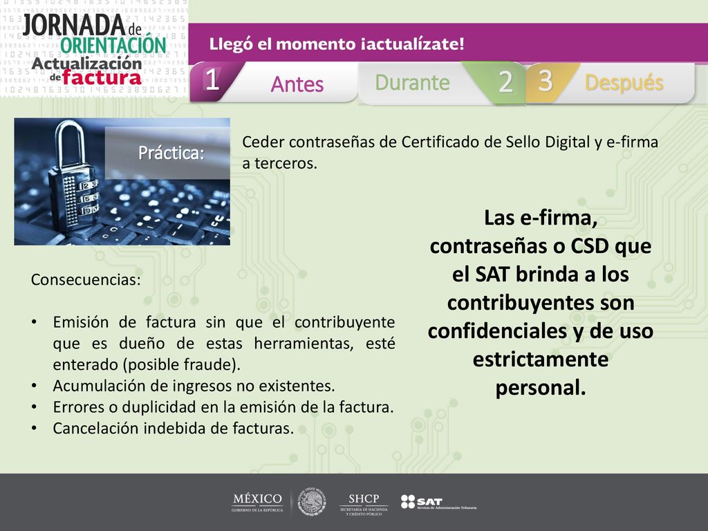Antes. Durante. Después. Ceder contraseñas de Certificado de Sello Digital y e-firma a terceros.
