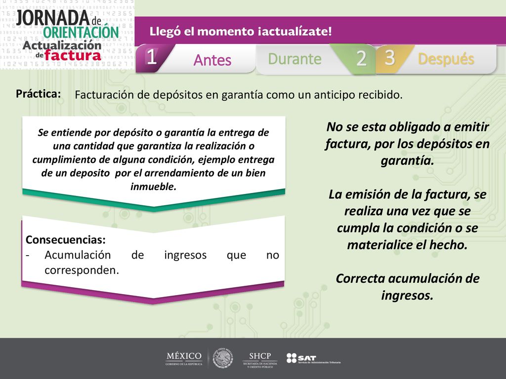 Antes. Durante. Después. Práctica: Facturación de depósitos en garantía como un anticipo recibido.