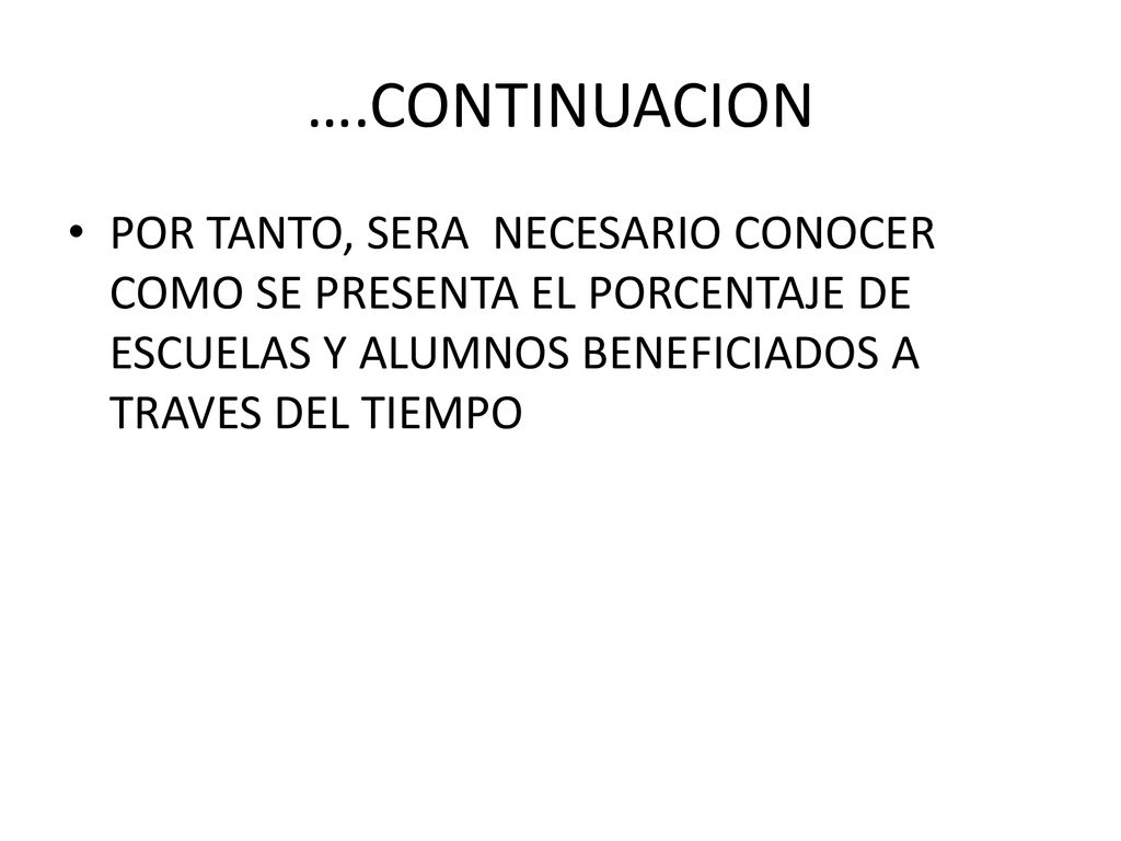 ….CONTINUACION POR TANTO, SERA NECESARIO CONOCER COMO SE PRESENTA EL PORCENTAJE DE ESCUELAS Y ALUMNOS BENEFICIADOS A TRAVES DEL TIEMPO.