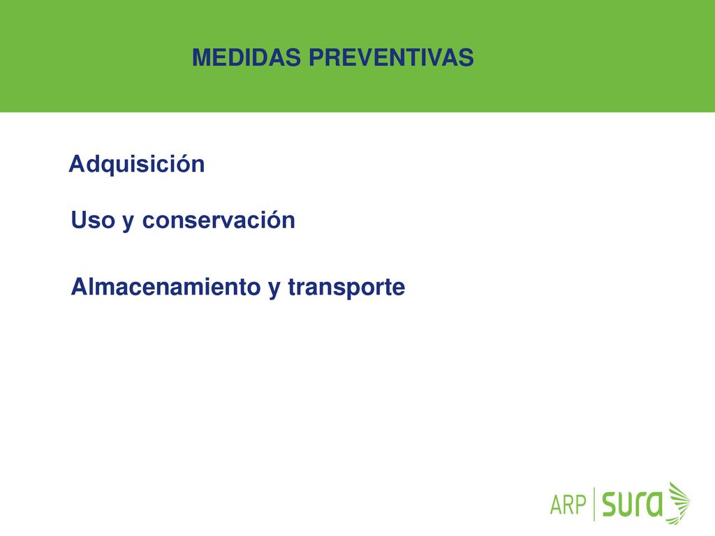 MEDIDAS PREVENTIVAS Adquisición Uso y conservación Almacenamiento y transporte