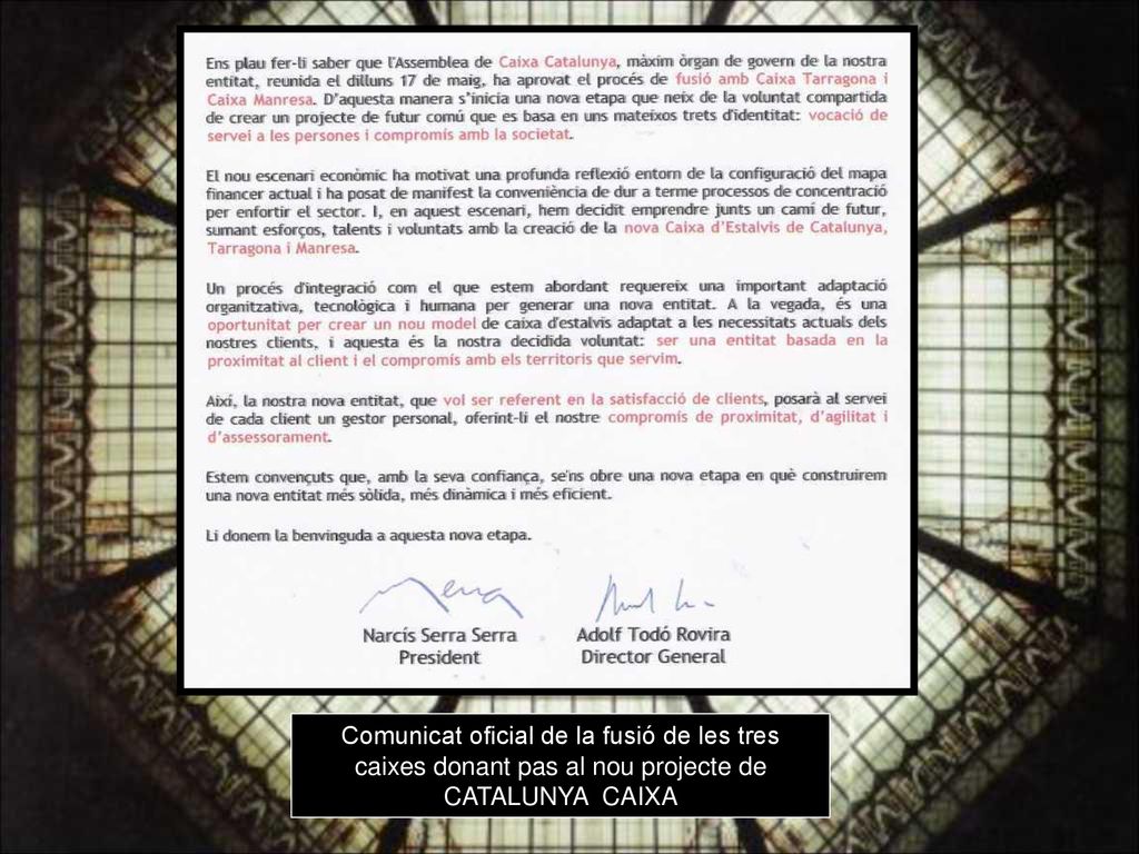 Comunicat oficial de la fusió de les tres caixes donant pas al nou projecte de