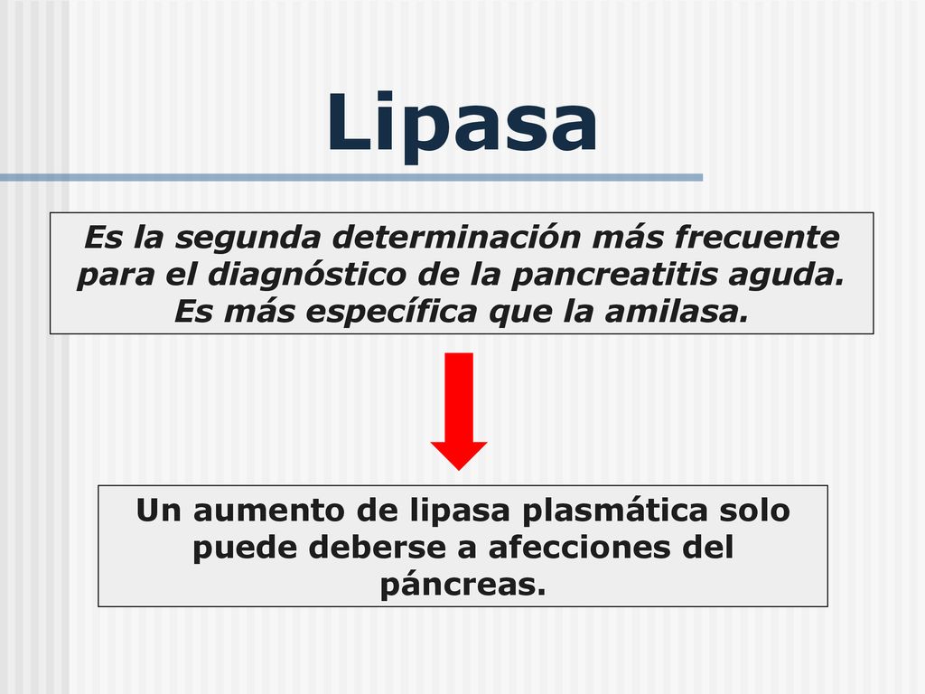 Lipasa Es la segunda determinación más frecuente para el diagnóstico de la pancreatitis aguda. Es más específica que la amilasa.