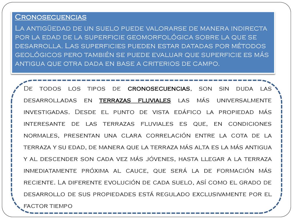 Cronosecuencias La antigüedad de un suelo puede valorarse de manera indirecta por la edad de la superficie geomorfológica sobre la que se desarrolla. Las superficies pueden estar datadas por métodos geológicos pero también se puede evaluar que superficie es más antigua que otra dada en base a criterios de campo.