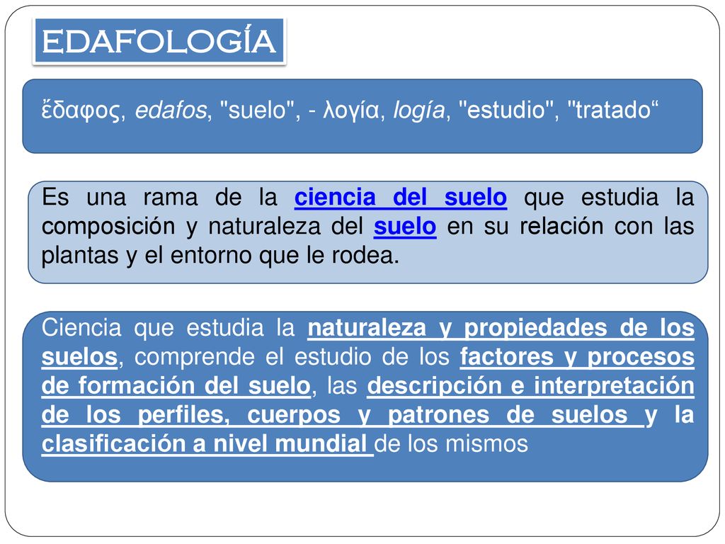EDAFOLOGÍA ἔδαφος, edafos, suelo , - λογία, logía, estudio , tratado
