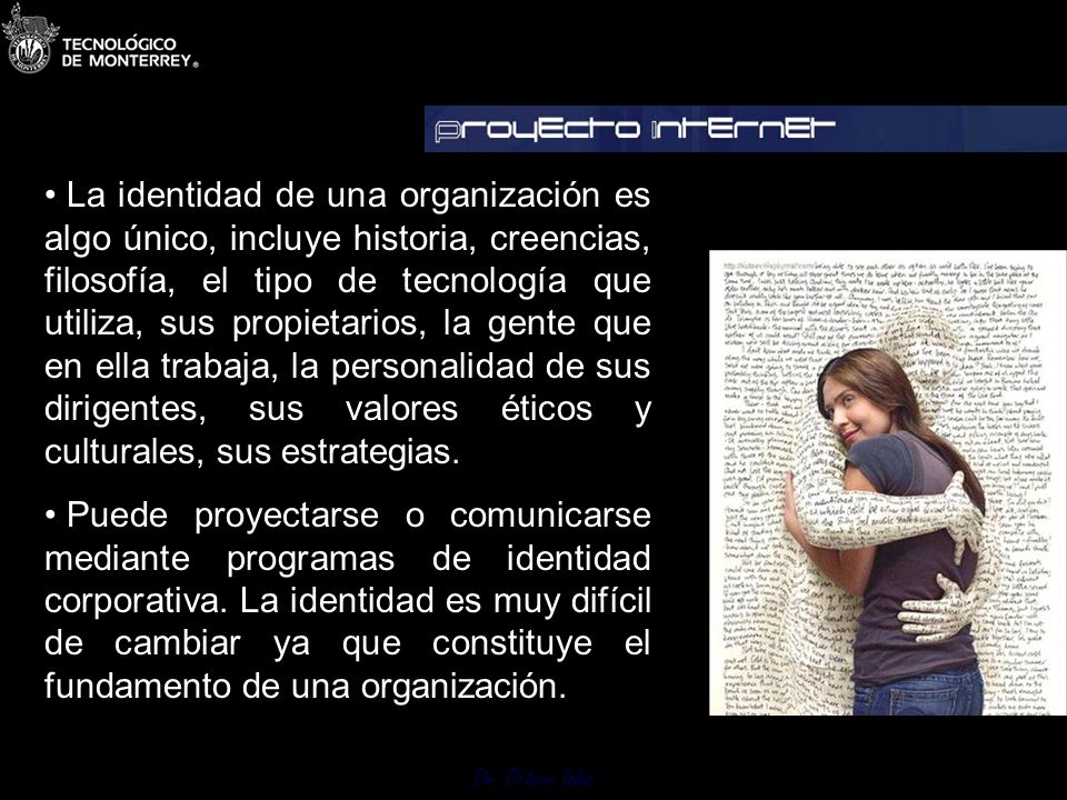 La identidad de una organización es algo único, incluye historia, creencias, filosofía, el tipo de tecnología que utiliza, sus propietarios, la gente que en ella trabaja, la personalidad de sus dirigentes, sus valores éticos y culturales, sus estrategias.