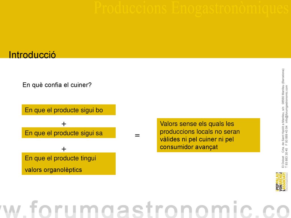 Introducció + = + En què confia el cuiner En que el producte sigui bo