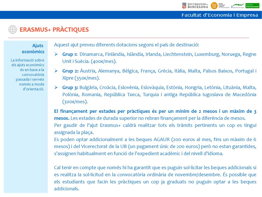 ERASMUS+ PRÀCTIQUES Ajuts. econòmics. Aquest ajut preveu diferents dotacions segons el país de destinació: