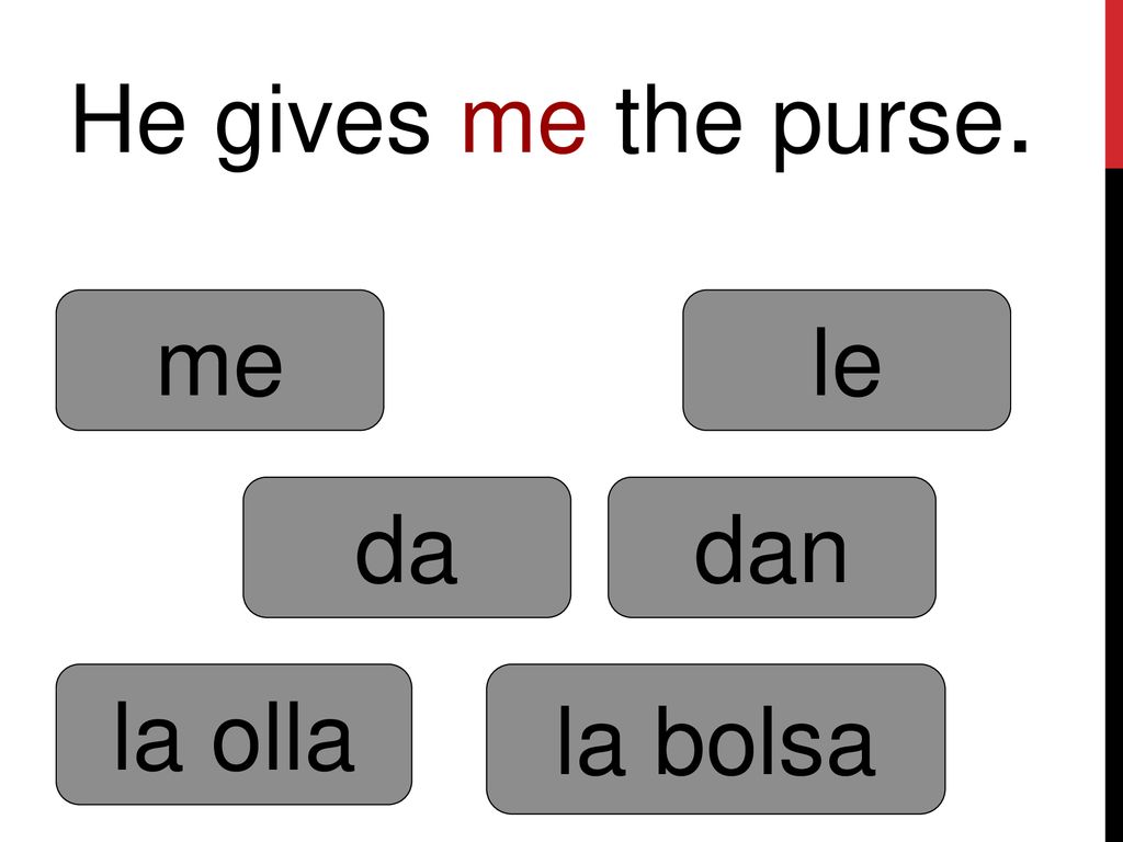 He gives me the purse. me le da dan la olla la bolsa