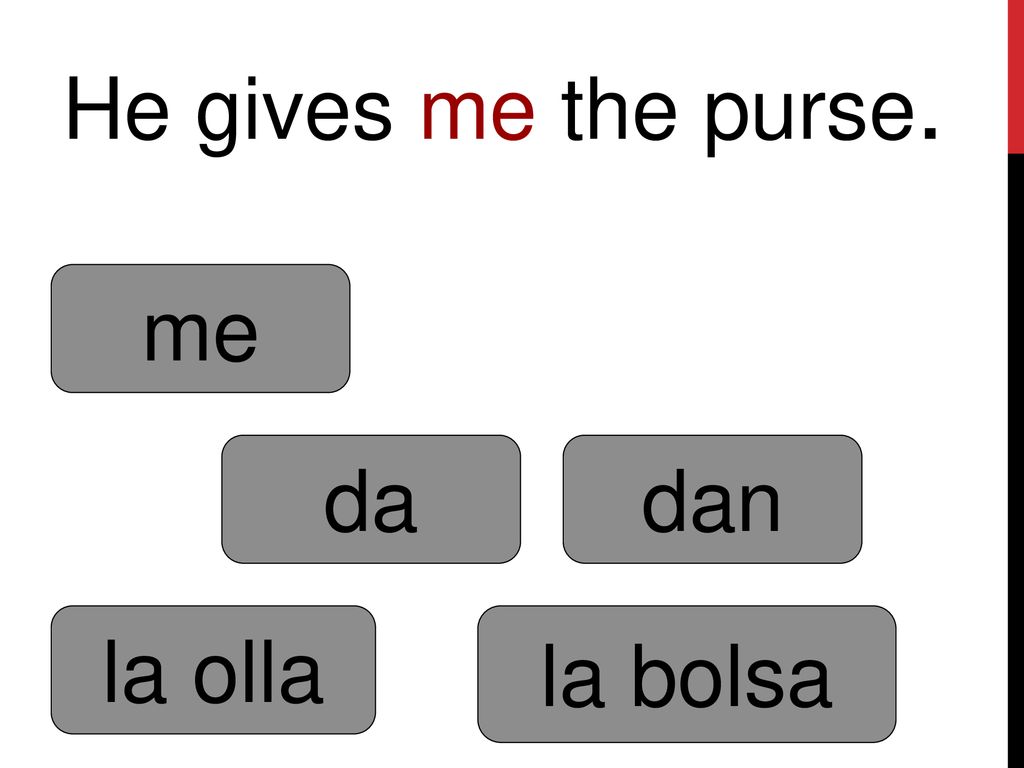 He gives me the purse. me da dan la olla la bolsa