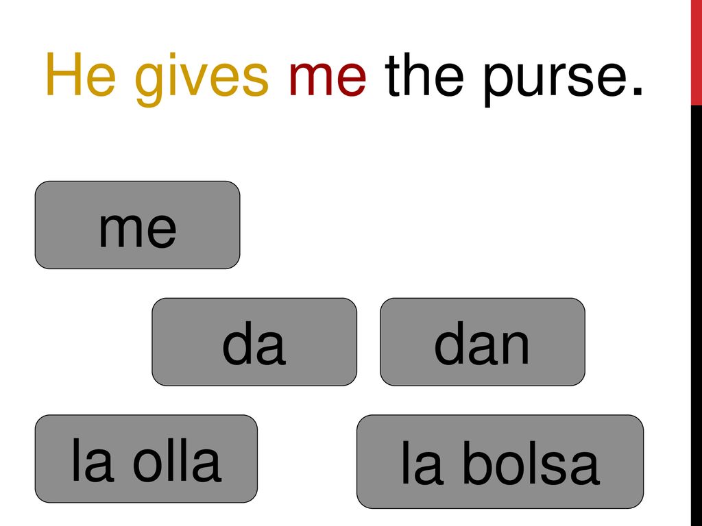 He gives me the purse. me da dan la olla la bolsa