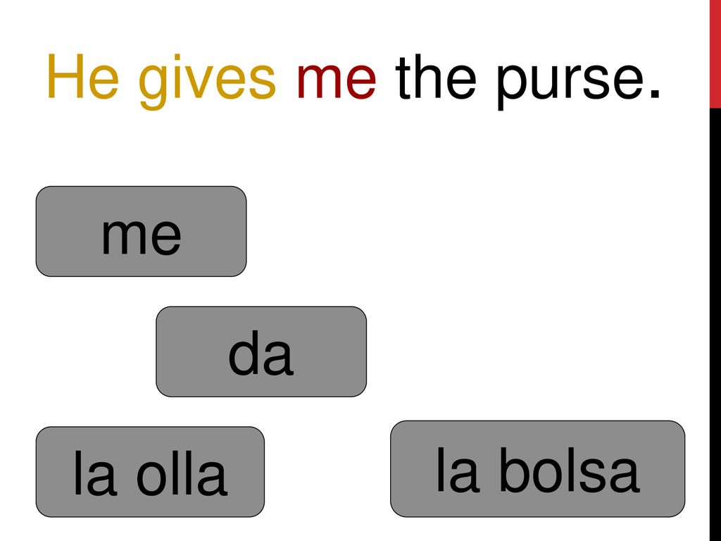 He gives me the purse. me da la bolsa la olla
