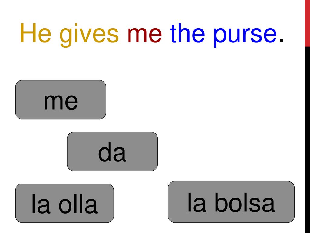 He gives me the purse. me da la bolsa la olla