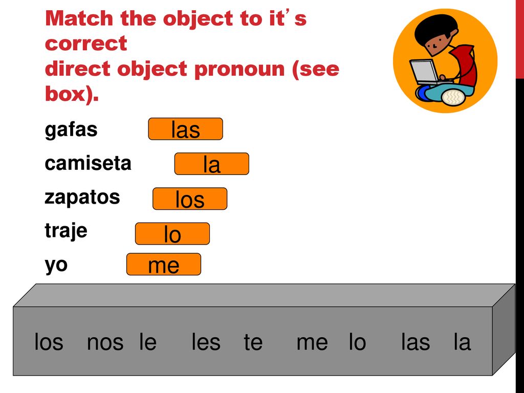 Match the object to it’s correct direct object pronoun (see box).