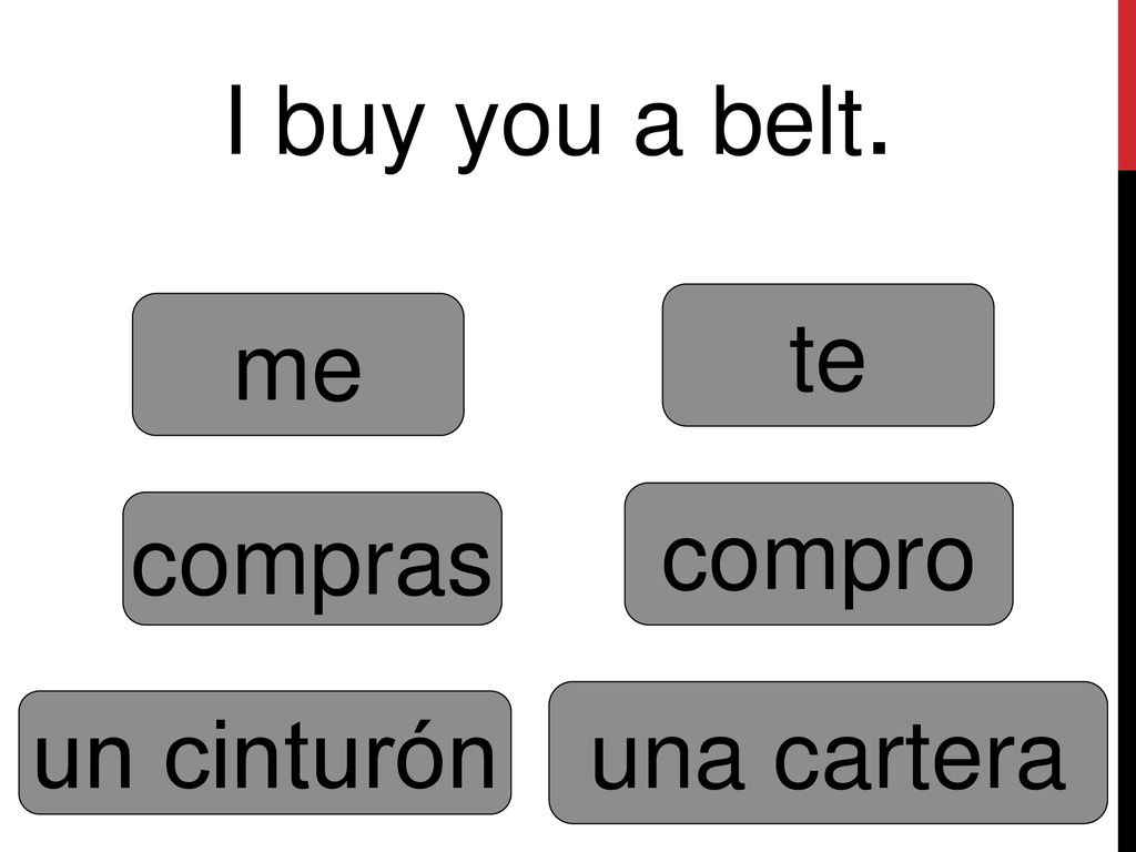 I buy you a belt. te me compro compras una cartera un cinturón